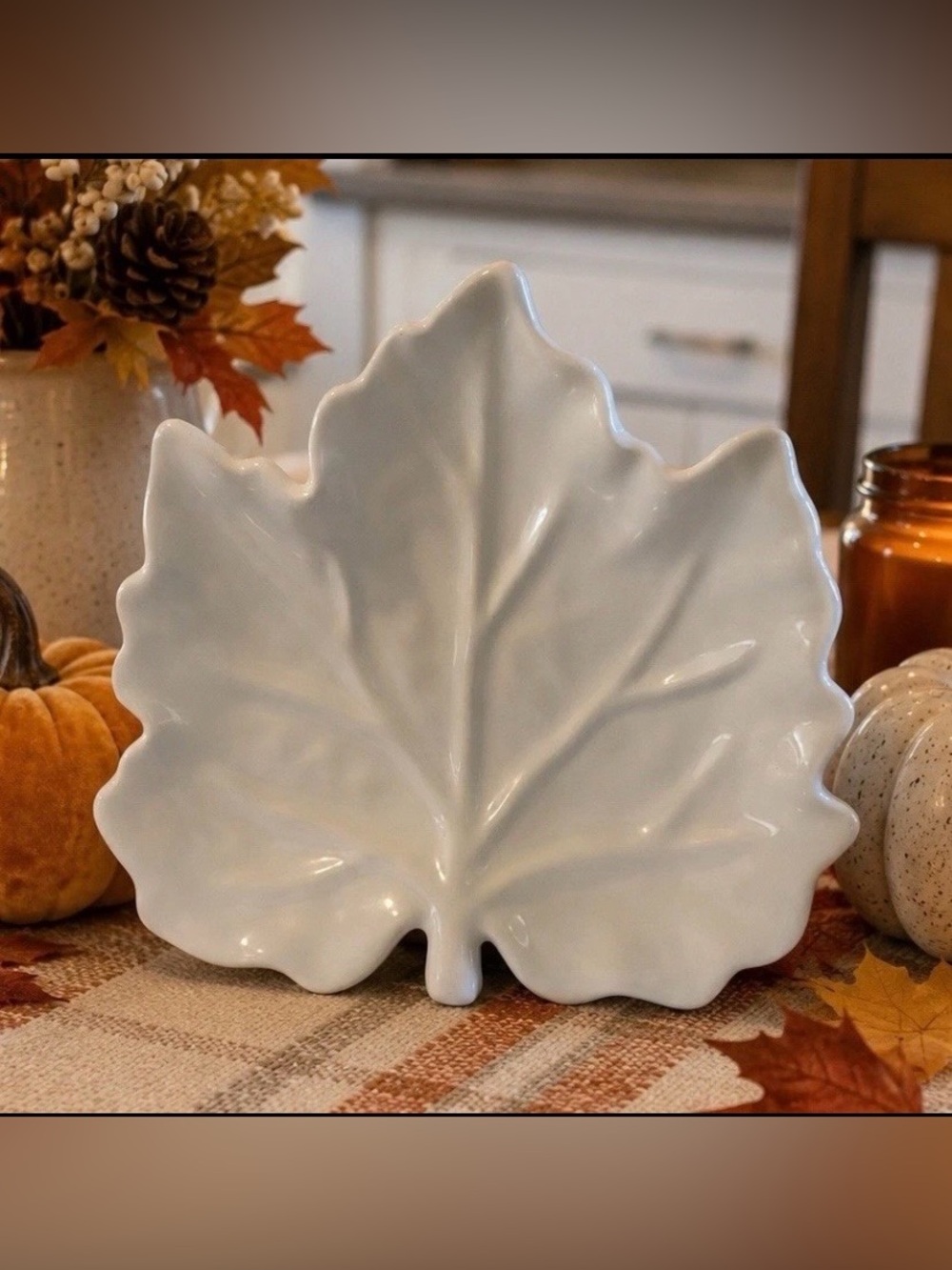Pottery Barn Autumn Leaf-Shaped White Ceramic Plate Microwave & Dishwasher Safe